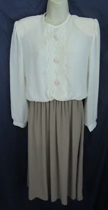 Vintage 80's VERY Sheer Secretary School Marm Blouson Dress 2 Tone Rosebuds 10 - Picture 1 of 8