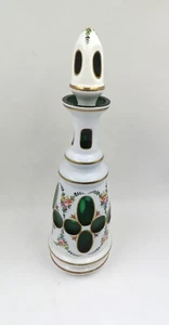 STUNNING ANTIQUE GREEN BOHEMIAN MOSER DECANTER WHITE OVERLAY CUT TO GREEN GLASS - Picture 1 of 9