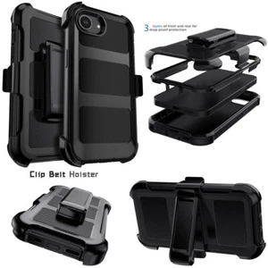 For Apple iPhone 16e Shockproof Case Heavy Duty Black Cover / Clip Holster - Picture 1 of 27