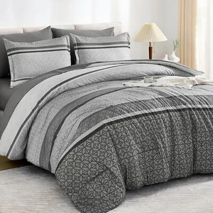 WONGS grau Queen King Bettdecken-Set, Boho gestreift weich leicht Mikrofaser - Bild 1 von 8