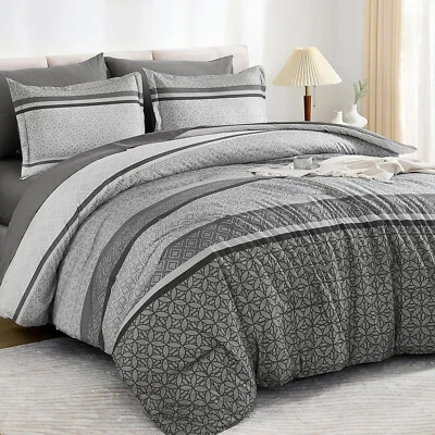 WONGS Grey Queen King Boho Striped Comforter Set Soft Lightweight Microfiber - Image 1 of 4
