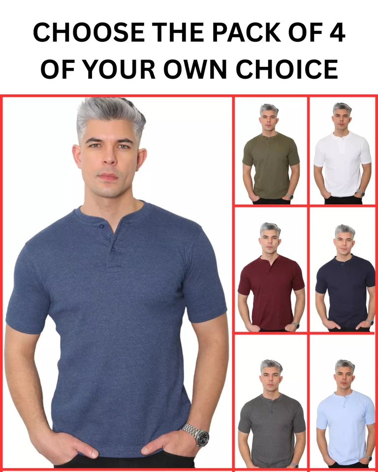 Camiseta Henley Para Hombre Lisa Tejida Gofre Informal Delgada Top - Paquete de 4 (2310) Foto 1 de 1