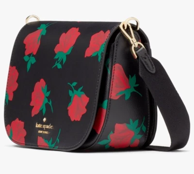 Bolso Kate Spade Madison Saddle Negro Cartera Saffiano KE533 Rosas Rojas Nuevo con Etiquetas $349 FS Foto 1 de 4