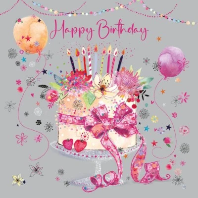 Cherry Orchard Female Birthday Card Cake Floral Balloons