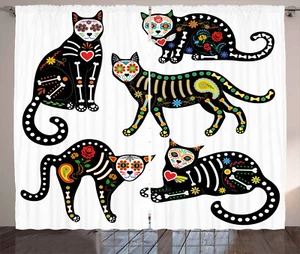 Sugar Skull Curtains Ornate Black Cats Window Drapes 2 Panel Set 108x84 Inches - Picture 1 of 2