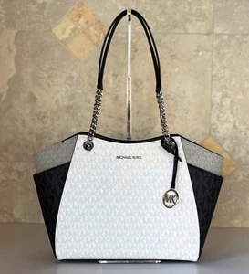 MICHAEL KORS JET SET TRAVEL LARGE SHOULDER CHAIN TOTE BAG MK OPTIC WHITE MULTI - Picture 1 of 15