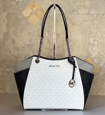 Michael Kors Jet Set Travel Large Shoulder Chain Tote Bag MK Optic White Multi - Image 1 of 4