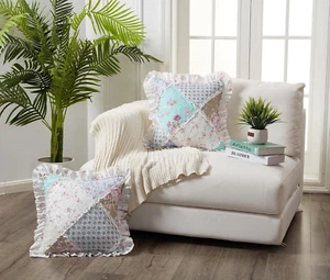 Blue and Green Rose Patchwork Ruffle Pillowshams, Quilted Decorative Pillow Cove - Picture 1 of 7