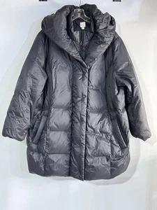 J Jill Down Hooded Lightweight Puffer Jacket Coat Black Full Zip Snaps Pocket 3X - Picture 1 of 6
