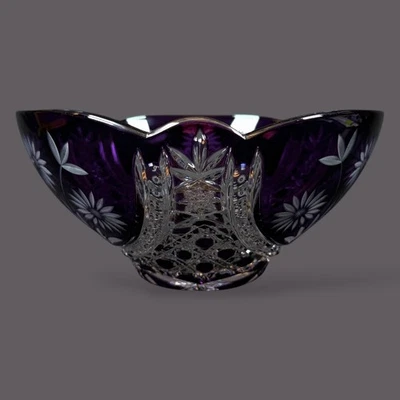 PURPLE Bohemian Czech Amethyst Cut to Clear Crystal class Bowl 9.5" Vintage RARE - image 1 of 4