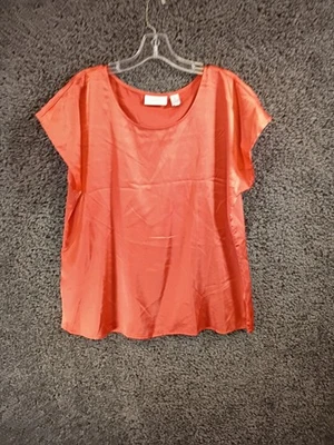Chico's Blouse Top Women's Size 2 Orange Satin Short Sleeve Stretch Pullover - Image 1 of 4