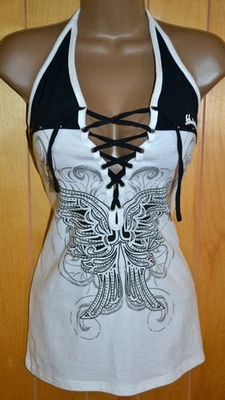 Camiseta sin mangas Harley Davidson XXL negra blanca de encaje frontal con tachuelas halter Foto 1 de 4