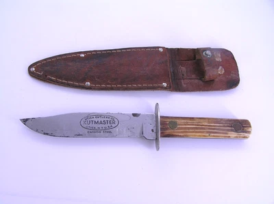 CUCHILLO BOWIE VINTAGE UTICA KUTMASTER EE. UU. GRABADO HUESO CIERVO Y FUNDA CUCHILLOS DE CAZA Foto 1 de 4