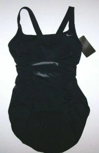 Nike Swimsuit One Piece Mesh Solid V-Back Swimwear NESS9365 Black New $100 Women - Picture 1 of 11