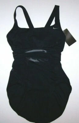 Nike Swimsuit One Piece Mesh Solid V-Back Swimwear NESS9365 Black New $100 Women - Image 1 of 4