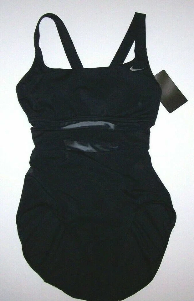 Nike Swimsuit One Piece Mesh Solid V-Back Swimwear NESS9365 Black New $100 Women - Image 1 of 4