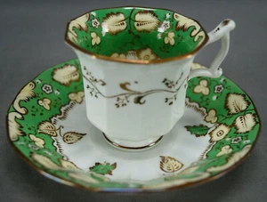 Alcock Hand Painted Yellow Leaves Green & Gold Coffee Cup & Saucer C.1835-1845 - Picture 1 of 10