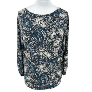 Chico's Easywear Womens SZ 2/12/L Blue Tan White Paisley Print Banded Knit Top - Picture 1 of 5