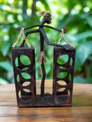 Tribal Tiki Man Wine/Bottle Rack Handcrafted Teak Wood Tiki Bar 16"x 24" - Image 1 of 4