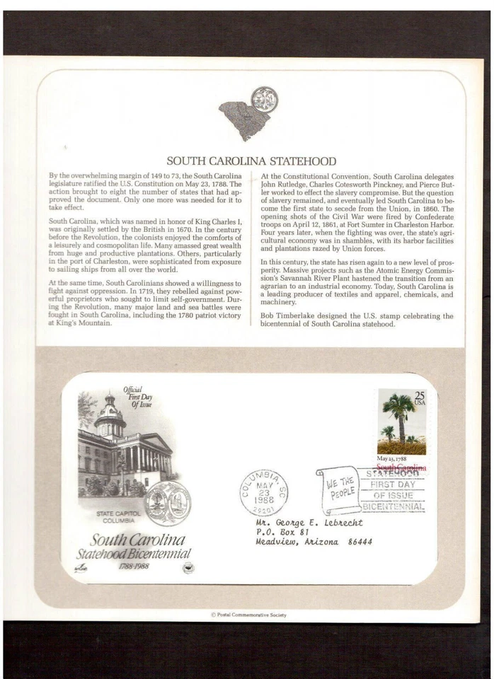 Postal Society First Day Cover FDC stamp # 2343 25 cent South Carolina 1988 - Image 1 of 1
