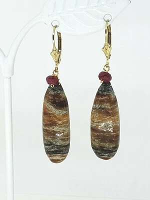 14k Yellow Gold Filled Camel Jasper Briolette and Ruby Drop Dangle Earrings - Imagem 1 de 4