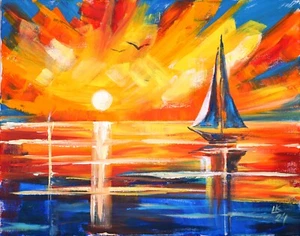 Sunset Seascape Painting, Sailboat, Original Acrylic 16x20 OOAK Wall Art Gift - Picture 1 of 5