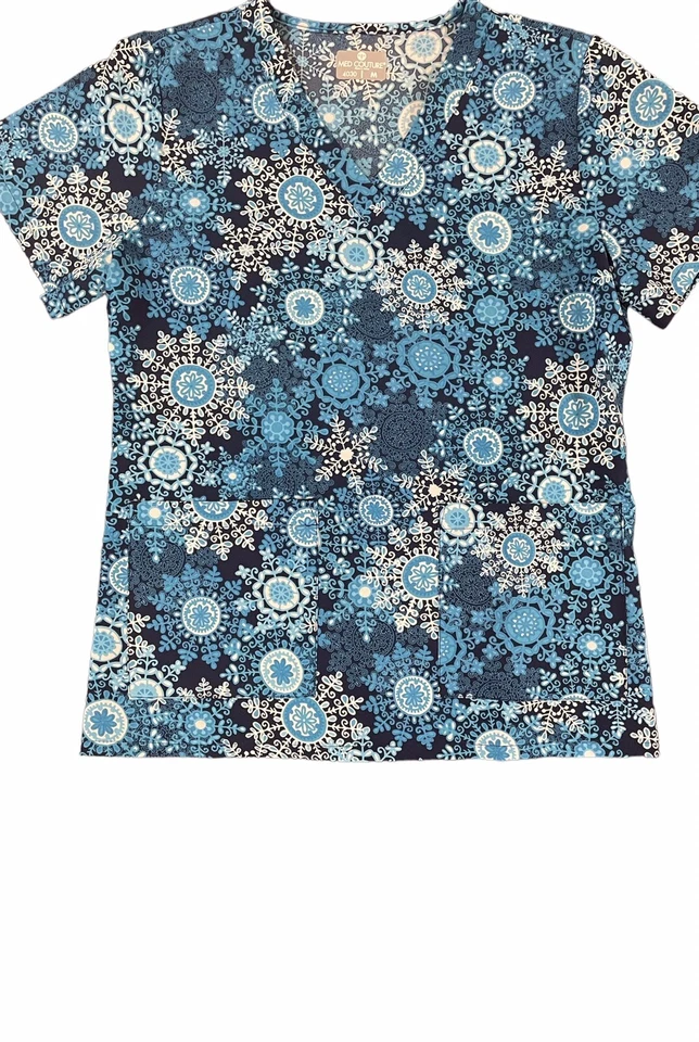 Medical Scrubs Top Shirt Blouse Womens M Winter Snowflake Blue Med Couture - Image 1 of 4