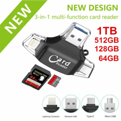 1TB 6 in 1 USB 3.0 Flash Drives Card Reader Adapter iOS Type-c TF Card Reader HT - Image 1 of 4
