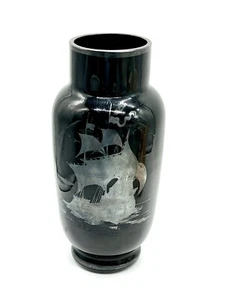 Antike schwarze Kunst Glasvase Tschechoslowakei Ster. Silber Overlay Schiff nautisch - Bild 1 von 8