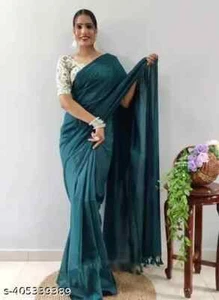 Women's Solid handloom cotton Saree with Running Blouse Piece - Picture 1 of 11