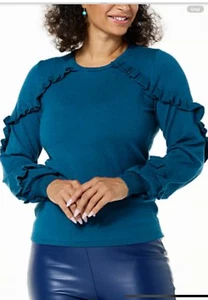 NEW C Wonder Christian Siriano SZ L  Long Sleeve Ruffle Pullover SWEATER BLUE - Picture 1 of 5