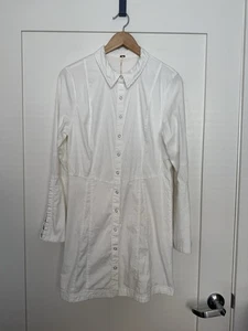 Free People Thea Mini Shirt Dress Womens Sz M White Snap Long Sleeve Collared - Picture 1 of 14