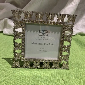 Modern  Photo Frame Silver Rhinestones Butterflies  3”x3” - Picture 1 of 4