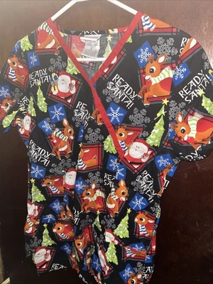 Rudolph The Red Nose Reindeer Scrub Top Small Women’s Pockets Short Sleeve - Image 1 of 4