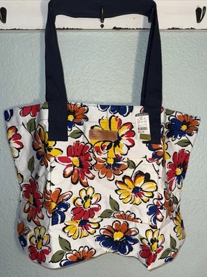 TRUE VTG Canvas ESPRIT Tote Bag Floral 21" Large Leather Logo 80s 90s NEW TAGS - Image 1 of 4