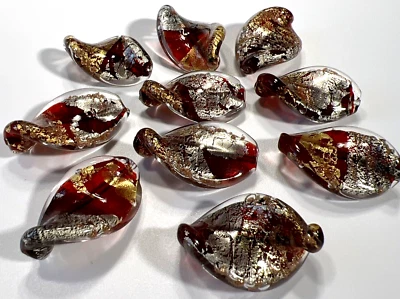 Venetian Murano Glass Beads 10 Red & Gold/Silver Foil/Copper Leaf Twist 30mm #42 - Image 1 of 4