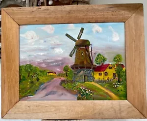 Vintage Original Folk Art Painting "Landscape with Windmill in Old Pine Frame - Picture 1 of 8