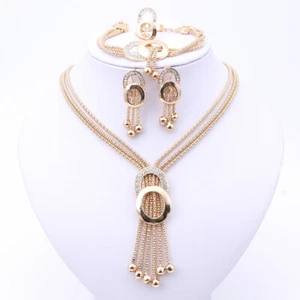 Women Gold/Silver Plated Tassel Crystal Pendant Necklace Earring Jewelry Sets - Picture 1 of 28