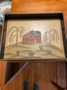 Wooden Tray With Handles 16 x 12 x 2 Folk Art Primitive Colorful Colonial House - Picture 1 of 7