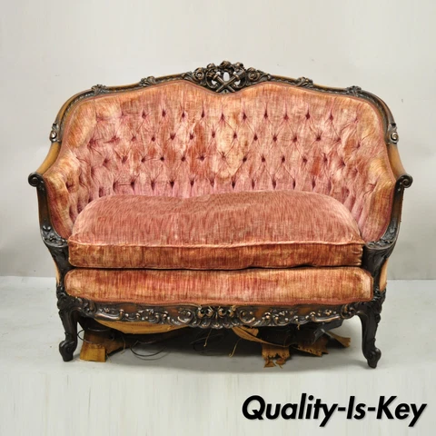 Antique French Louis XV Rococo Style Ornate Carved Mahogany Settee Loveseat Sofa Cover