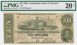 1862 CONFEDERATE STATE OF AMERICA $10 RICHMOND VIRGINIA NOTE T-52 PMG VF 20 NET - Picture 1 of 2