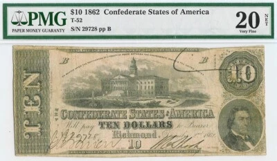 1862 CONFEDERATE STATE OF AMERICA $10 RICHMOND VIRGINIA NOTE T-52 PMG VF 20 NET - Image 1 of 2
