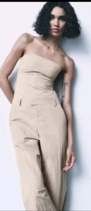 Zara Woman’s Strapless Jumpsuit Beige Tan size xs strech - Picture 1 of 6