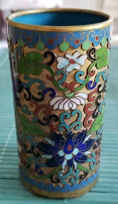 ANTIGUA OLLA CHINA DE BRONCE DORADO ABIERTA CLOISONNE Foto 1 de 4