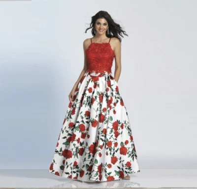 Nuevo con etiquetas Vestido de Baile de Encaje Estampado Floral Rojo Blanco Dave & Johnny 5265 2 Piezas Baile de graduación Talla 3/4 Foto 1 de 3