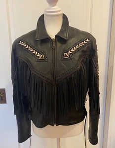 Women's Beaded and Fringed Leather Jacket size 10 Medium  - Picture 1 of 5