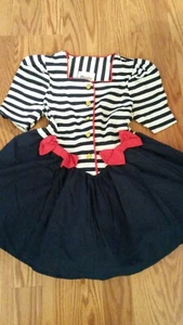NOS Vintage 90's girls navy blue white striped red bows full circle skirt dress - Picture 1 of 8