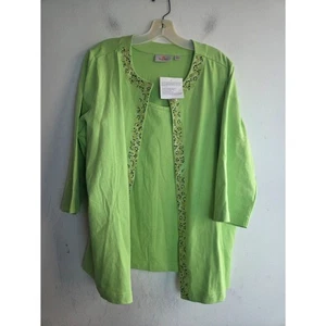 NWOT Quacker Factory Green w/ Gold Black Metallic Studs Top Cardigan Set size XL - Picture 1 of 9