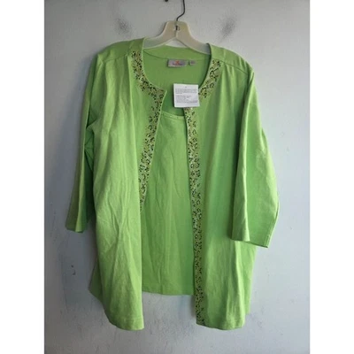 NWOT Quacker Factory Green w/ Gold Black Metallic Studs Top Cardigan Set size XL - Image 1 of 4