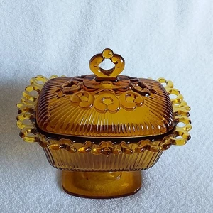 Thanksgivnig Amber Glass Candy Dish Vintage Indiana Depression Glass - Picture 1 of 11